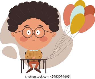 a boy sitting at a desk with bunch of balloons