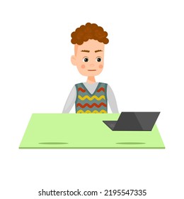 The boy is sitting at desk with laptop. Homeschooling Concept. Online studying. Cartoon style, vector illustration  