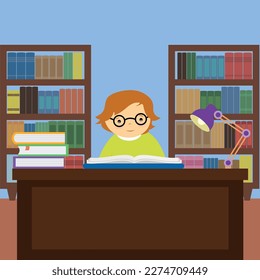 niño sentado en el escritorio y leyendo un libro en la ilustración vectorial de la biblioteca