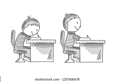 Boy sitting at the desk slouching. Boy sitting at the desk with correct posture. Bad and good kids habits, hand drawn illustration.
