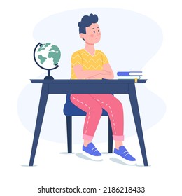 Boy Sitting At A Desk. Smiling Boy Studies At School. Flat Vector Illustration.