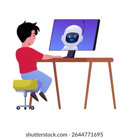 Menino sentado na mesa usando o computador, comunicando-se com o chatbot na tela. Aprendizagem on-line interativa. Tema de educação da IA. Ilustração vetorial. Plano de fundo isolado. Estilo de desenho animado.