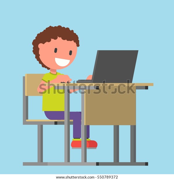 Boy Sitting Desk Using Computer Laptop Stock Vector Royalty Free