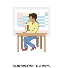 Boy sitting at the desk.  Vector illustration.