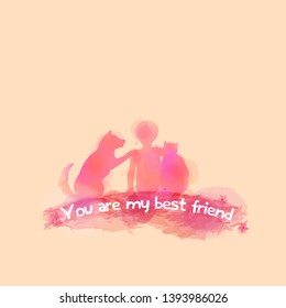 Boy sitting with dog and cat silhouette on watercolor background. The concept of trust, friendship and pet care. Digital art painting. Vector illustration
