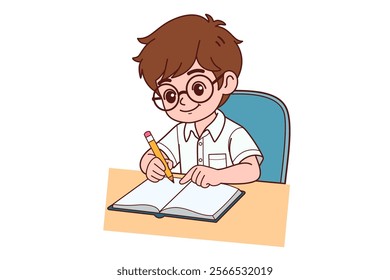 A boy is sitting and doing his homework. Flat vector style characters.