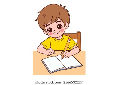 A boy is sitting and doing his homework. Flat vector style characters.