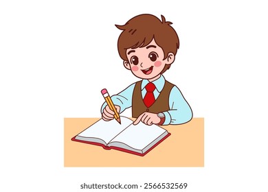 A boy is sitting and doing his homework. Flat vector style characters.