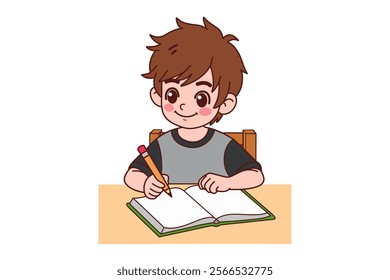 A boy is sitting and doing his homework. Flat vector style characters.