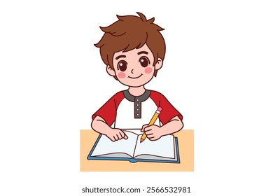 A boy is sitting and doing his homework. Flat vector style characters.