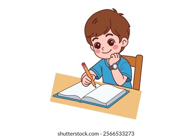 A boy is sitting and doing his homework. Flat vector style characters.