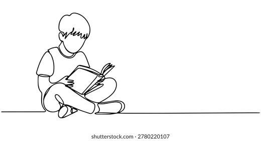 boy sitting down reading a book continuous one line drawing, Continuous one line drawing kids sit down and put reading book on feet. Interesting to read the complete geographic map. Eliminate curiosity. Book festival. Single line draw design vector illustration