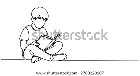 boy sitting down reading a book continuous one line drawing, Continuous one line drawing kids sit down and put reading book on feet. Interesting to read the complete geographic map. Eliminate curiosity. Book festival. Single line draw design vector illustration