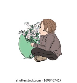 Boy sitting with easter egg and lilies of the valley. Dreaming child. Spring religious holiday composition for retro style greeting card. Hand drawn clip art.  