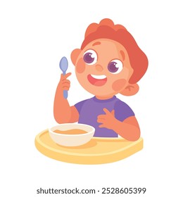 Boy Sitting and Eat Breakfast Meal at Table Vector Illustration