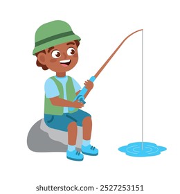 boy sitting with fishing rod isolated