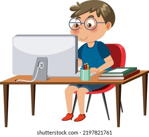 A boy sitting in front of computer illustration