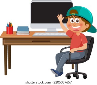 A boy sitting in front of computer illustration