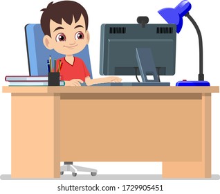 A boy sitting in front of the computer study from home 