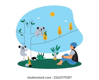 The boy is sitting, in front of him there are two koalas playing on a eucalyptus tree around him, he seems to enjoy observing the behavior of the koalas, ecosystem vector illustration.