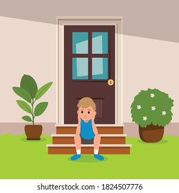 boy sitting in front of the house looking bored. Illustration of a Bored Boy with His Chin Resting on His Hands