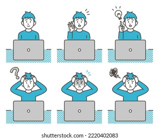 Boy sitting in front of a laptop computer, negative and positive facial expressions [Vector illustration set].