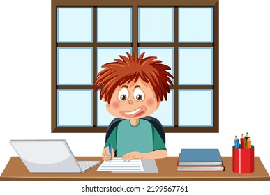 Un niño sentado frente a la ilustración del portátil