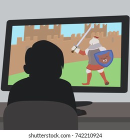 boy sitting in front of video game screen cartoon