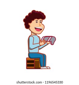 boy sitting with game control character