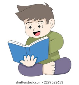 boy is sitting happily learning science from book, vector design illustration art