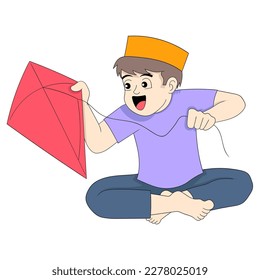 boy is sitting happily making kites in spare time. vector design illustration art