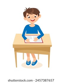 El niño está sentado en su escritorio. Ilustración vectorial plana en estilo plano.