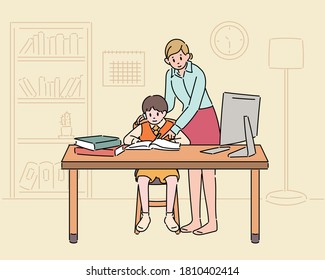 The boy is sitting at his desk and studying, and his mother is teaching him. hand drawn style vector design illustrations. 