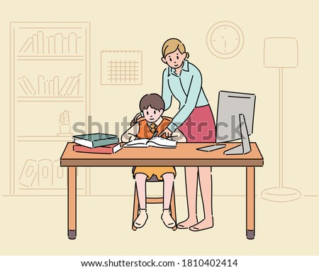 The boy is sitting at his desk and studying, and his mother is teaching him. hand drawn style vector design illustrations. 