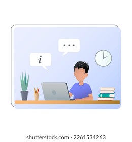 Der Junge sitzt mit einem Laptop. Der Junge sucht Informationen über das Internet.Color Vektorgrafik.