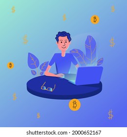 Boy sitting at laptop on blue background