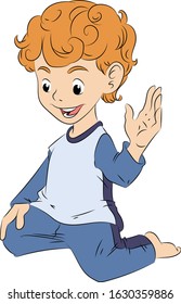 A boy is sitting and looking at something, happy child, child raising his hand