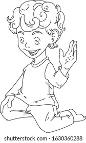 A boy is sitting and looking at something, happy child, child raising his hand - coloring page