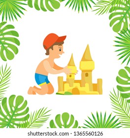 Boy sitting and making sand castle, little happy person wearing cap and shorts making by hands fortress, palm tree leaves, activity on beach vector