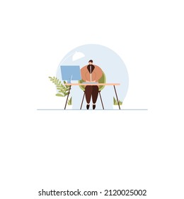 Boy sitting in office vector illustration. Smart young man working in personal cabinet flat style. Business and successful career concept. Vector illustration.