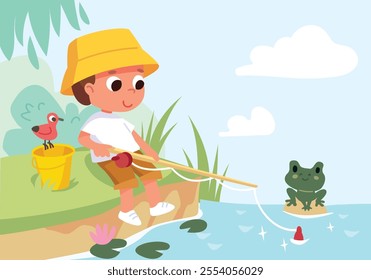 Boy is sitting on the bank of river, pond and fishing on spinning rod,  sunny day, frog sitting next, bird sitting on bucket, water lilies float calmly in quiet water 