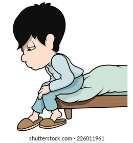 Boy Sitting On Bed - Cartoon Illustration, Vector
