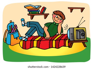 A boy is sitting on a bed and watching TV. Colored vector for card or gift.