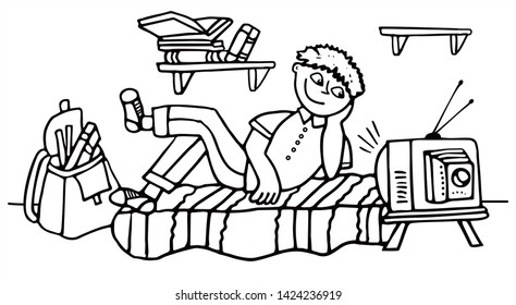 A boy is sitting on a bed and watching TV. Black and white vector for card or gift, for coloring.