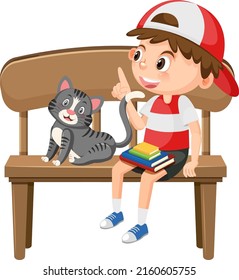 Un niño sentado en un banco con una ilustración de un gato