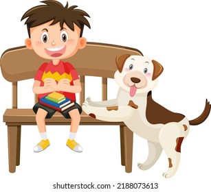 A boy sitting on bench with a dog illustration