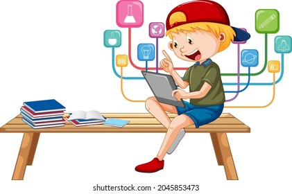Boy sitting on bench learning from tablet illustration