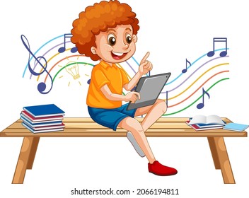 Niño sentado en el banco aprendiendo de la ilustración de la tableta