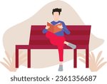 The boy is sitting on the bench reading a book.