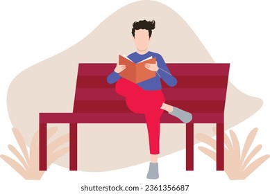 The boy is sitting on the bench reading a book.